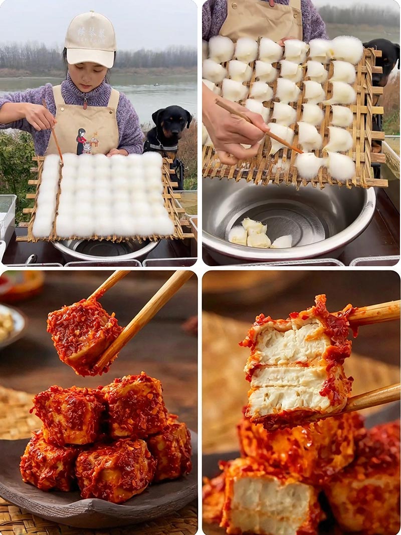 Homemade Chinese hairy tofu making process and spice-coated final dish